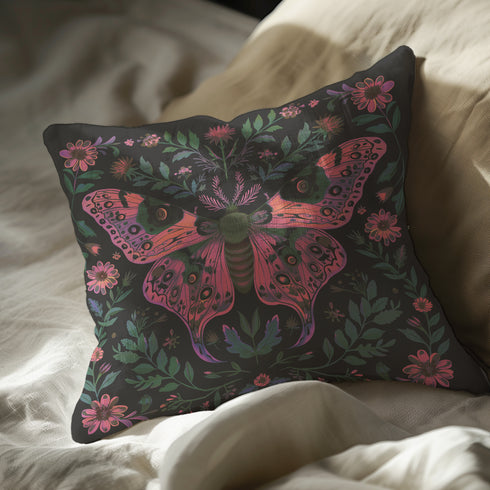 A beautifully detailed pillowcase cover featuring a vibrant moth in shades of pink, purple, and green. The moth is framed by intricate floral designs, including lush green leaves and pink flowers, all set against a dark, moody background. The design evokes a cottagecore aesthetic with gothic undertones, blending nature with a magical, whimsical vibe.